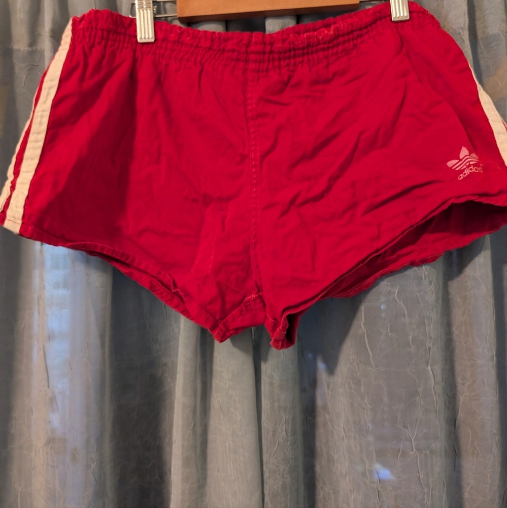 Vintage Adidas Red and White Athletic Shorts with Elastic Waistband